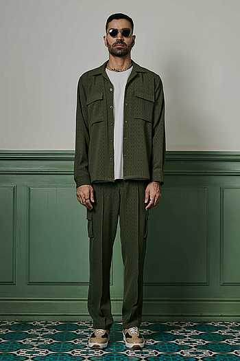 Buy Green Crepe Textured Jacket And Trouser Set For Men by Asuka