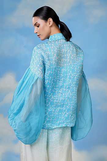 Buy Blue Satin Organza Hand Block Print Floral Balloon Sleeve