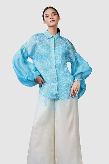 Buy Blue Satin Organza Hand Block Print Floral Balloon Sleeve