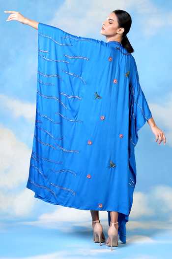 Shilpi Gupta Blue Modal, Satin Embroidery Round Neck Dragonfly Scattered Kaftan Dress| Aza Fashions| After Party