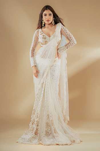 Lucknowi Embroidered Pre-Draped Saree With Blouse