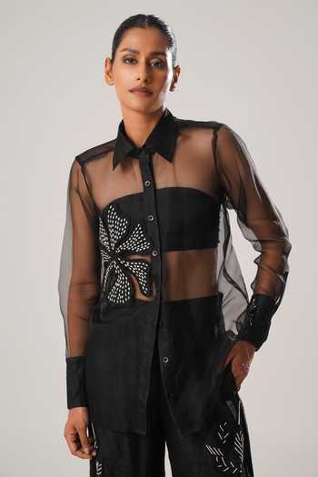 Buy Black Silk Organza Embroidery Collared Rafflesia Dori Patch