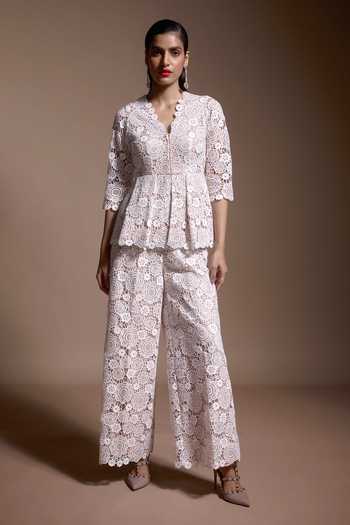 Buy Ivory Polyester Sequins, Lace V-neck Floral Work Peplum Top