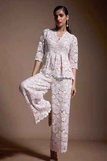 Buy Ivory Polyester Sequins, Lace V-neck Floral Work Peplum Top