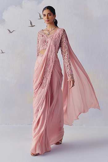 Claire Persian Bloom Pallu Embroidered Pre-Draped Saree With Blouse