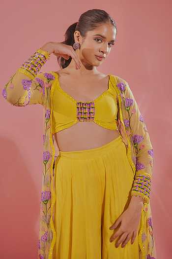 Buy Yellow Tulle, Chiffon, Organza, Floral Blossom Jacket And