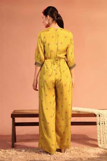 Buy Yellow Cotton, Silk Applique, Tamaya Embellished Overlap