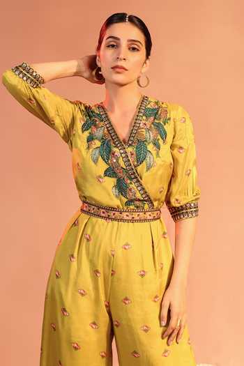 Buy Yellow Cotton, Silk Applique, Tamaya Embellished Overlap