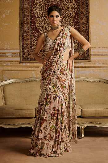 Cosmic Ambrosia Print Tiered Pre Draped Skirt Saree With Blouse
