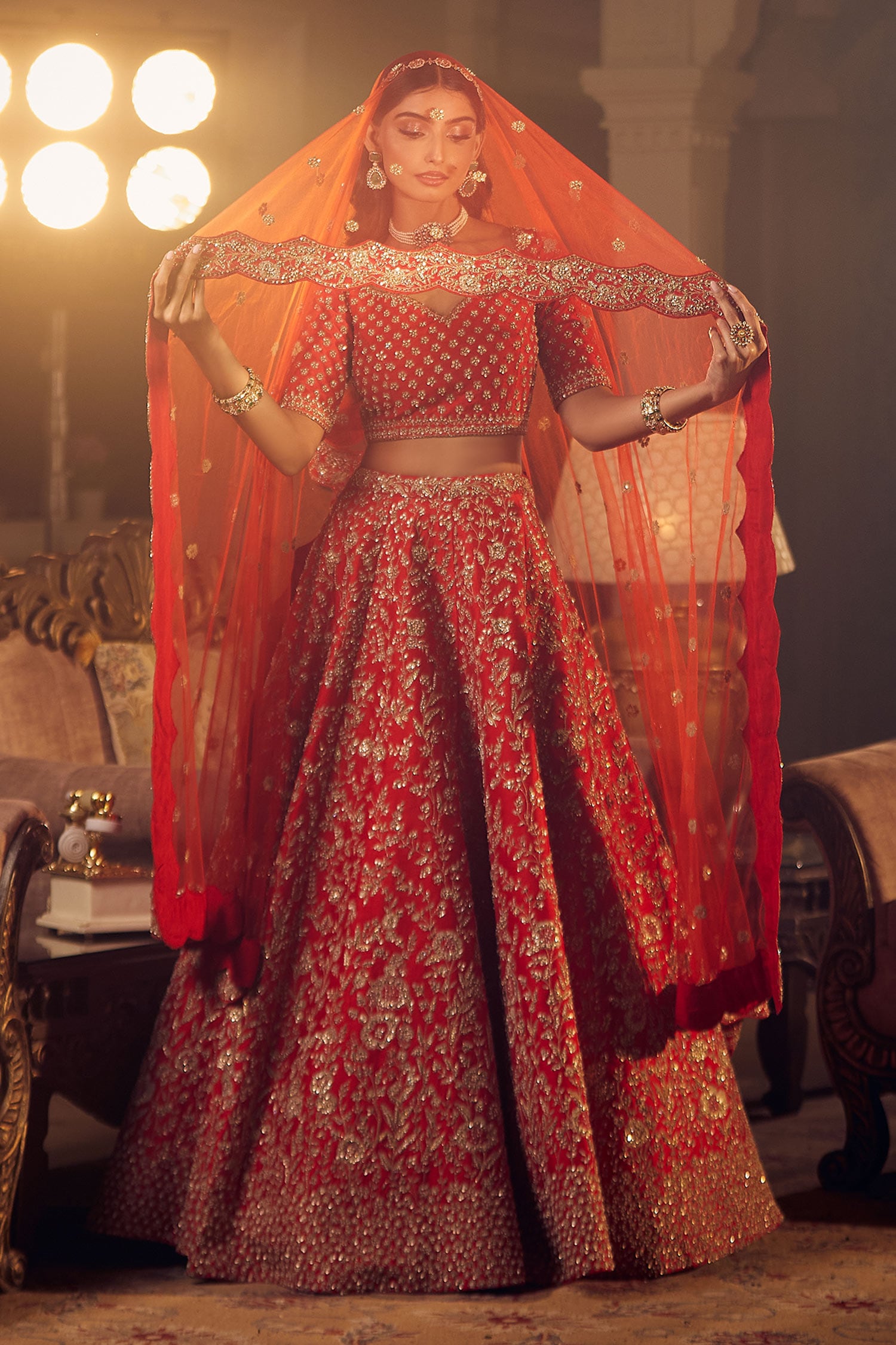 Marigold Floral Embroidered Bridal Lehenga Set 