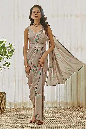Polka Dot Floral Printed Saree Dress