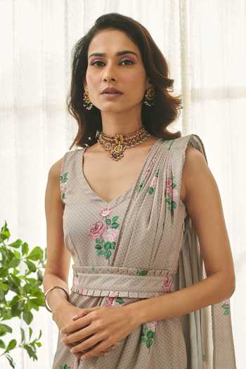 Buy Brown Rayon, Denim Embroidery Polka Dot Floral Printed Saree Dress For  Women by Pasha India Online at Aza Fashions.