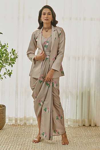 Floral Printed Saree Dress & Blazer Set