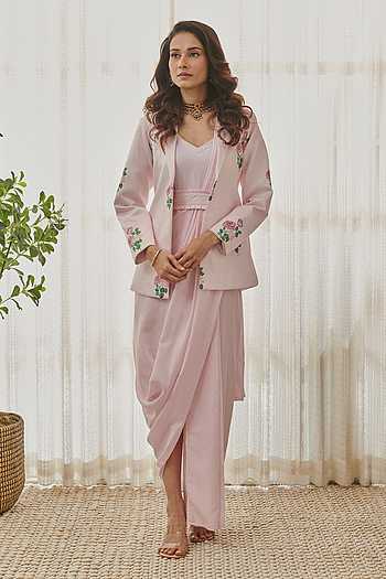Polka Dot Printed Saree Dress With Blazer