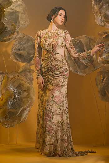 Floral Embroidered Ruched Gown