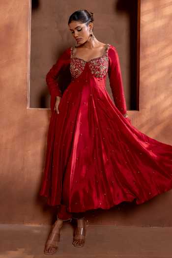 Buy Red Chiffon, Silk, Linen Sequins, Zari Zardozi Embroidered Anarkali  Pant Set For Women by Enamour By Radha Online at Aza Fashions.