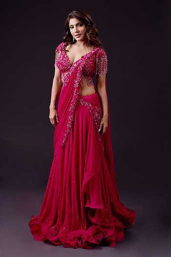 Pre-Draped Lehenga Saree With Floral Embroidered Blouse