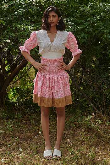 Buy Pink Cotton Lace, Embroidery V-neck Barbie Meadow Print