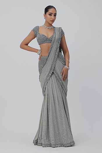 Scallop Embroidered Pre-Draped Saree With Blouse