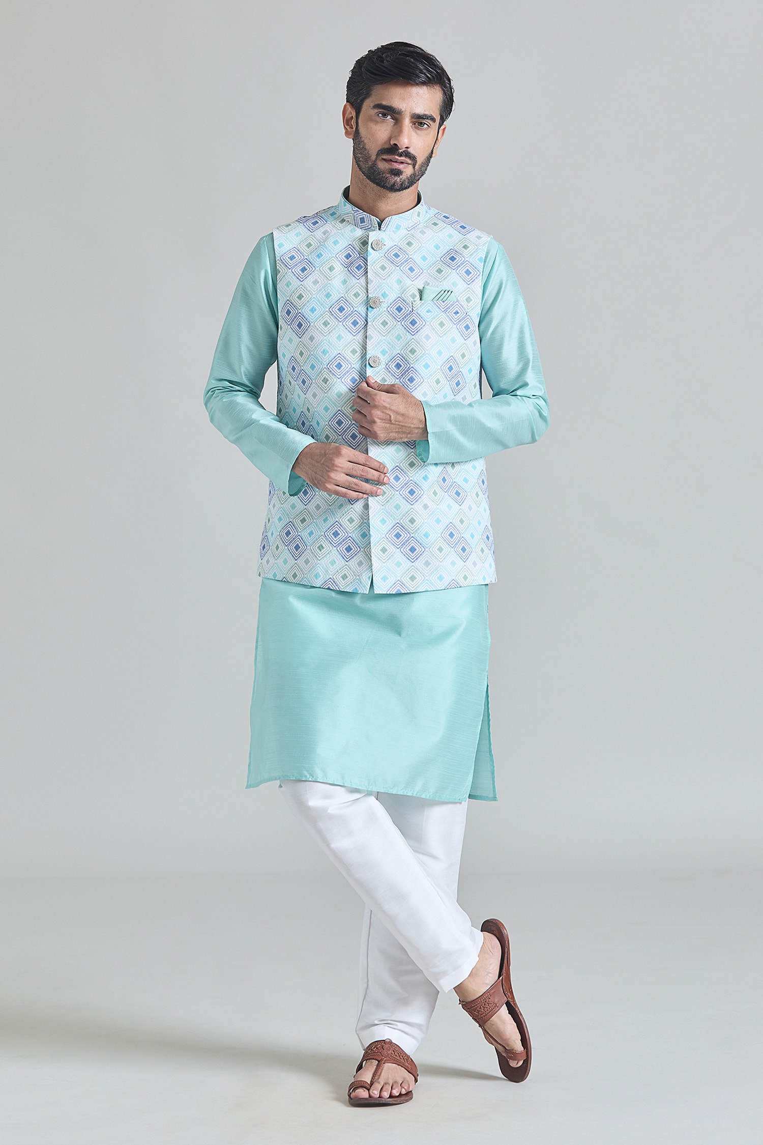 Geometric Tile Print Nehru Jacket & Kurta Set 