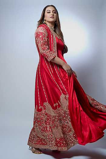 Rani Sa Gul Marodi & Mirror Work Long Jacket With Anarkali