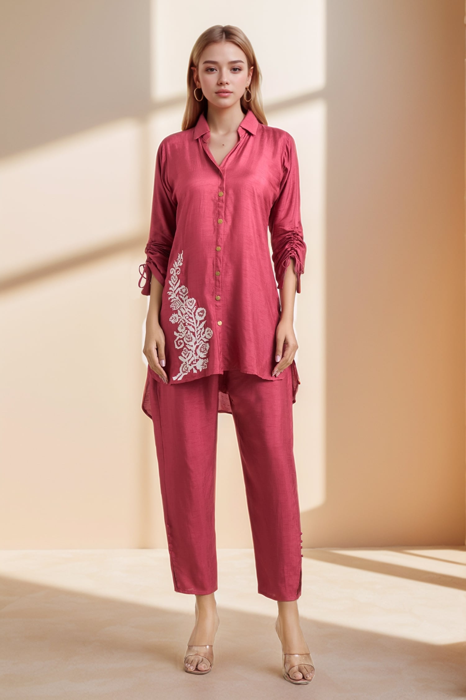 Placement Floral Embroidered Tunic & Pant Set 