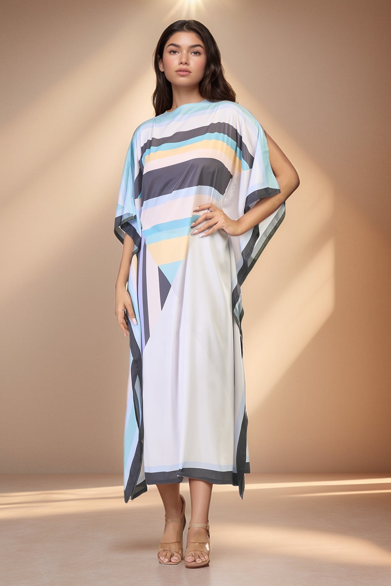 Stripe Pattern Print Slit Sleeve Kaftan 