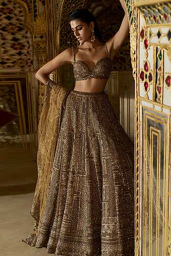 green emerald velvet dress Falaknuma Antique Gold Tissue Lehenga Set main image 1