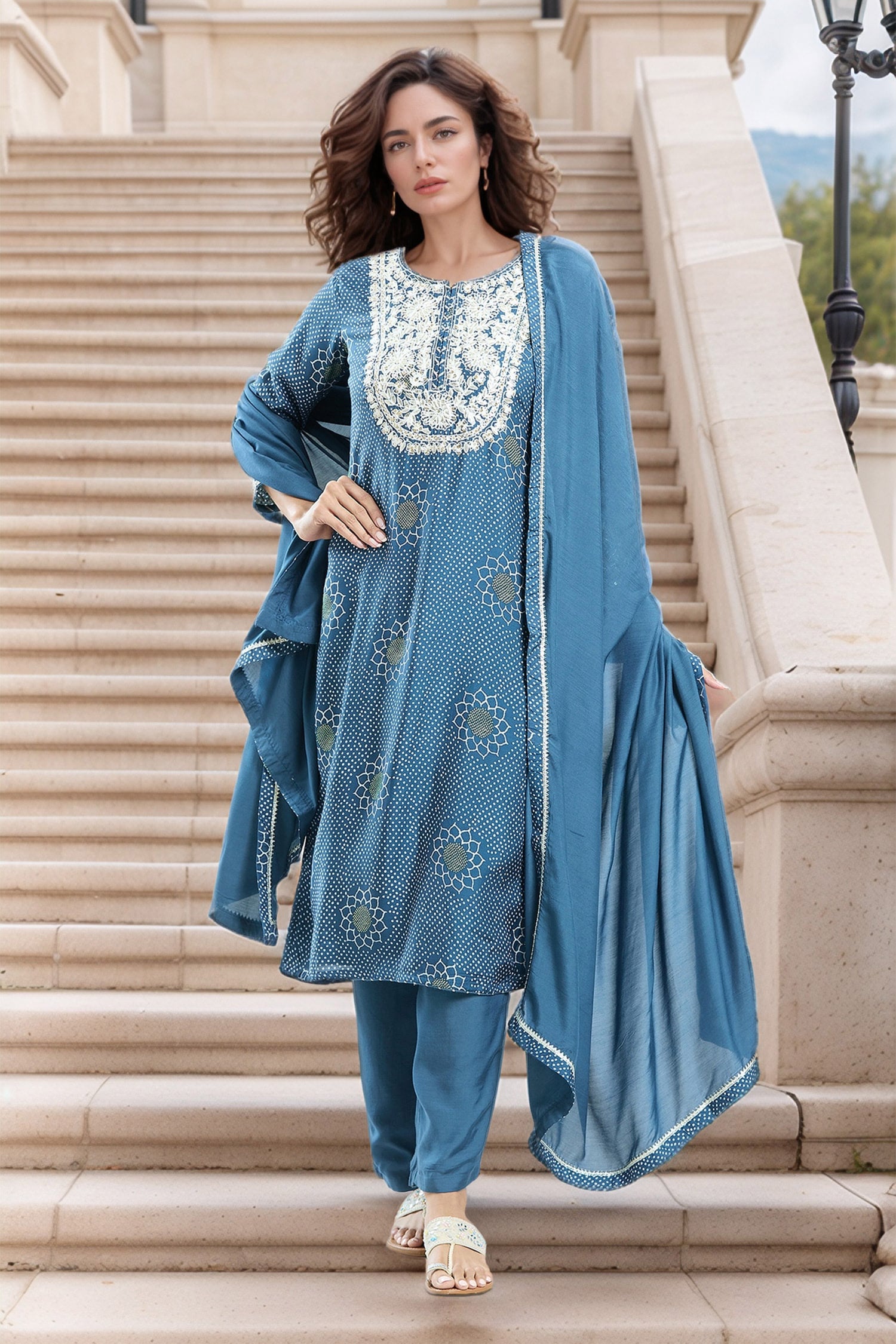 Floral Embroidered Yoke Kurta & Pant Set 