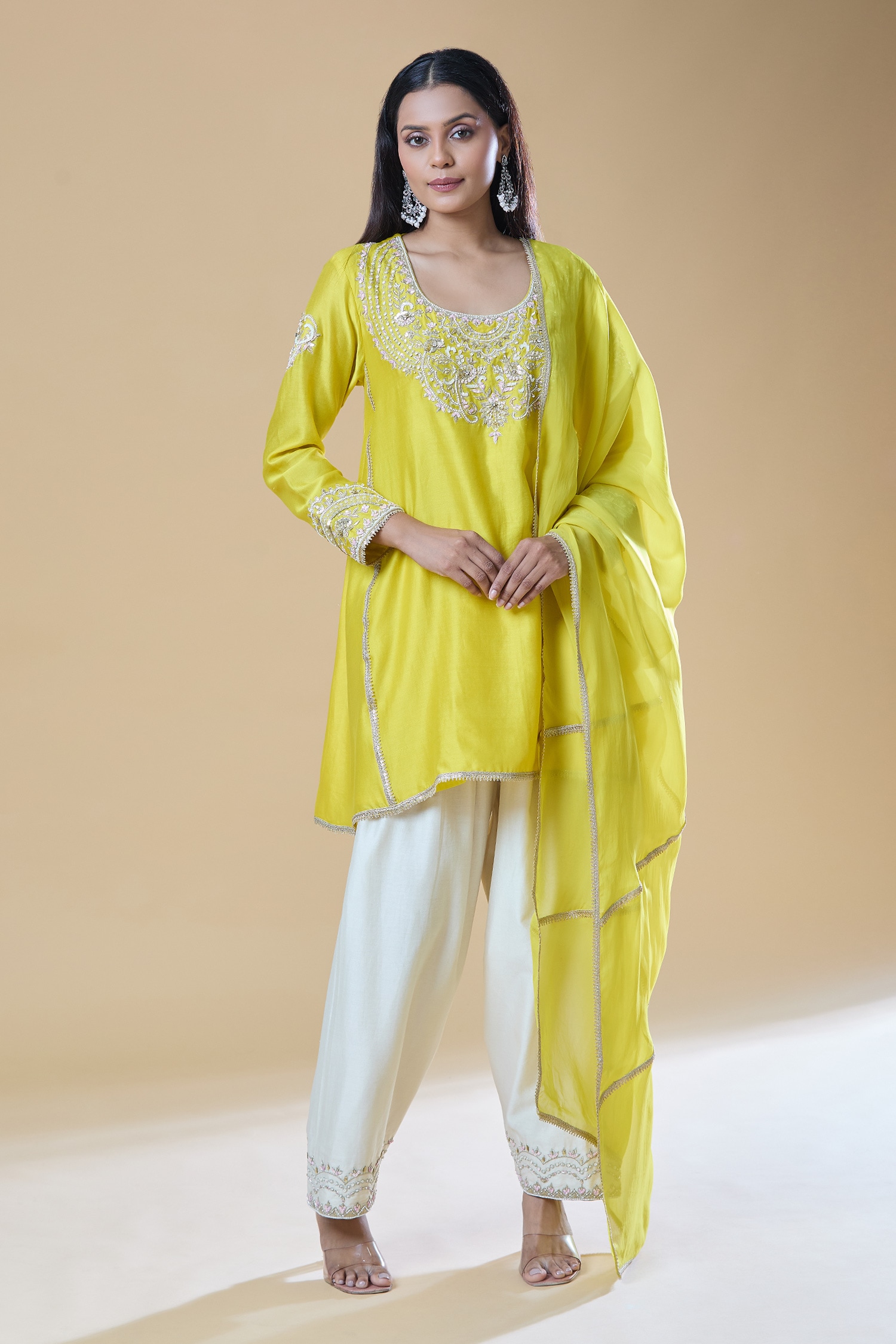 Sequin Embroidered Neck Kurta Pant Set 