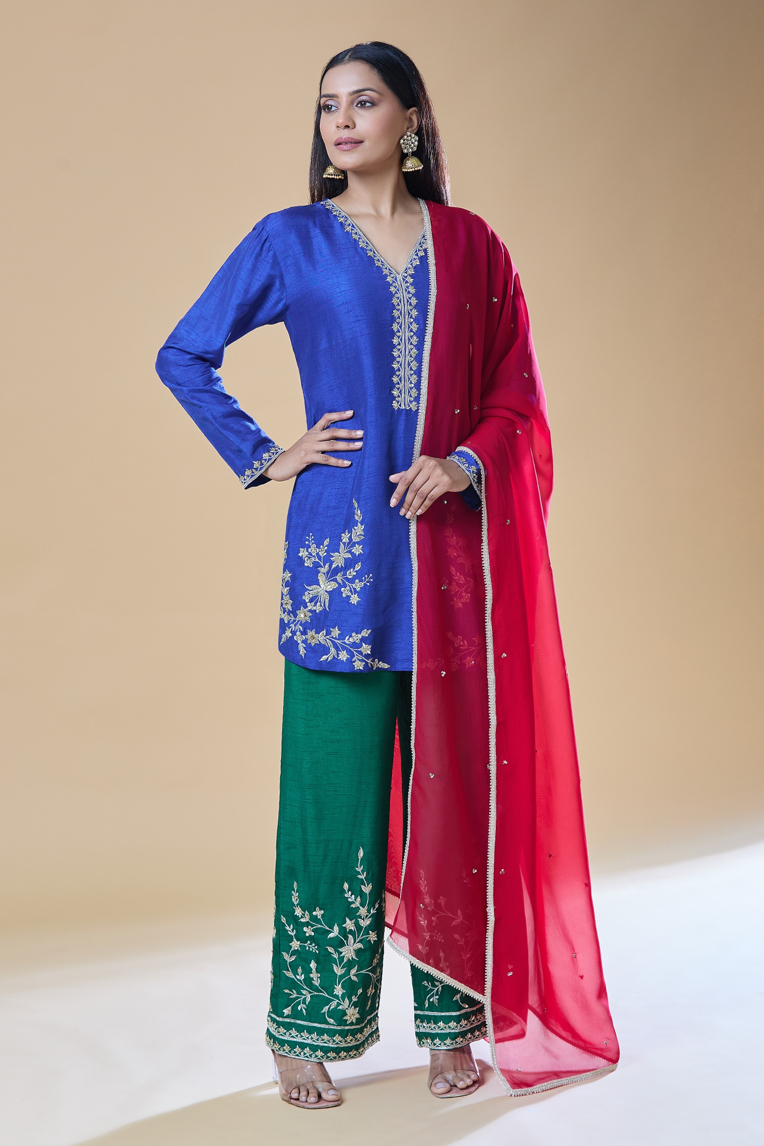 Floral Pattern Embroidered Kurta Pant Set 