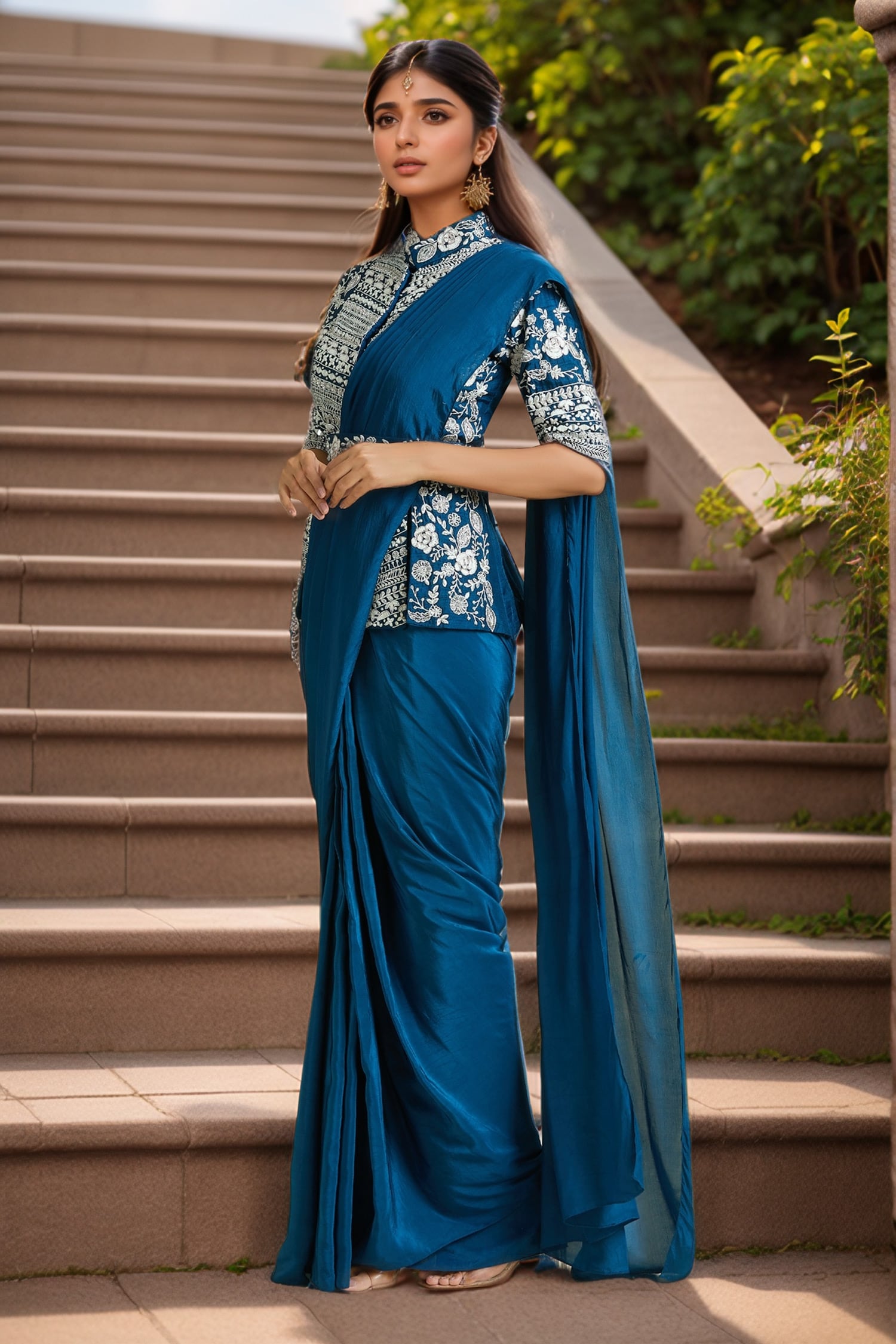 Dori Embroidered Slit Blouse Pre-Draped Saree Set 