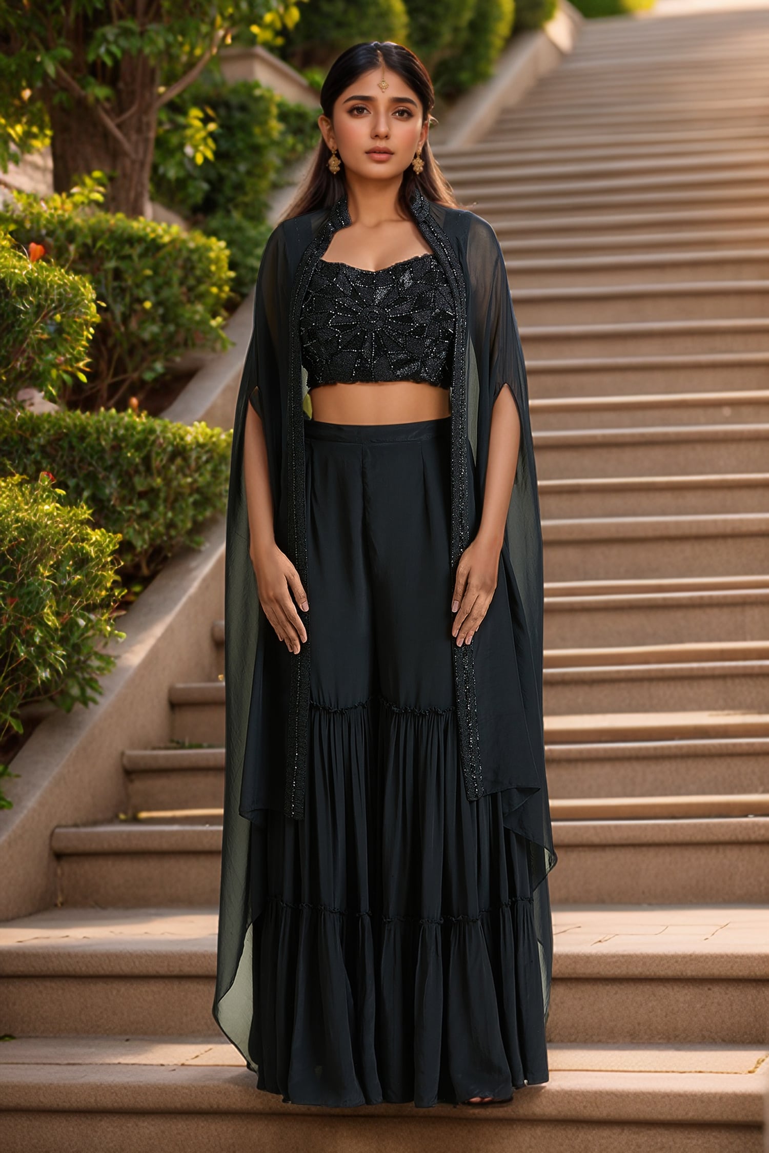 Crystal Embellished Border Cape Sharara Set 