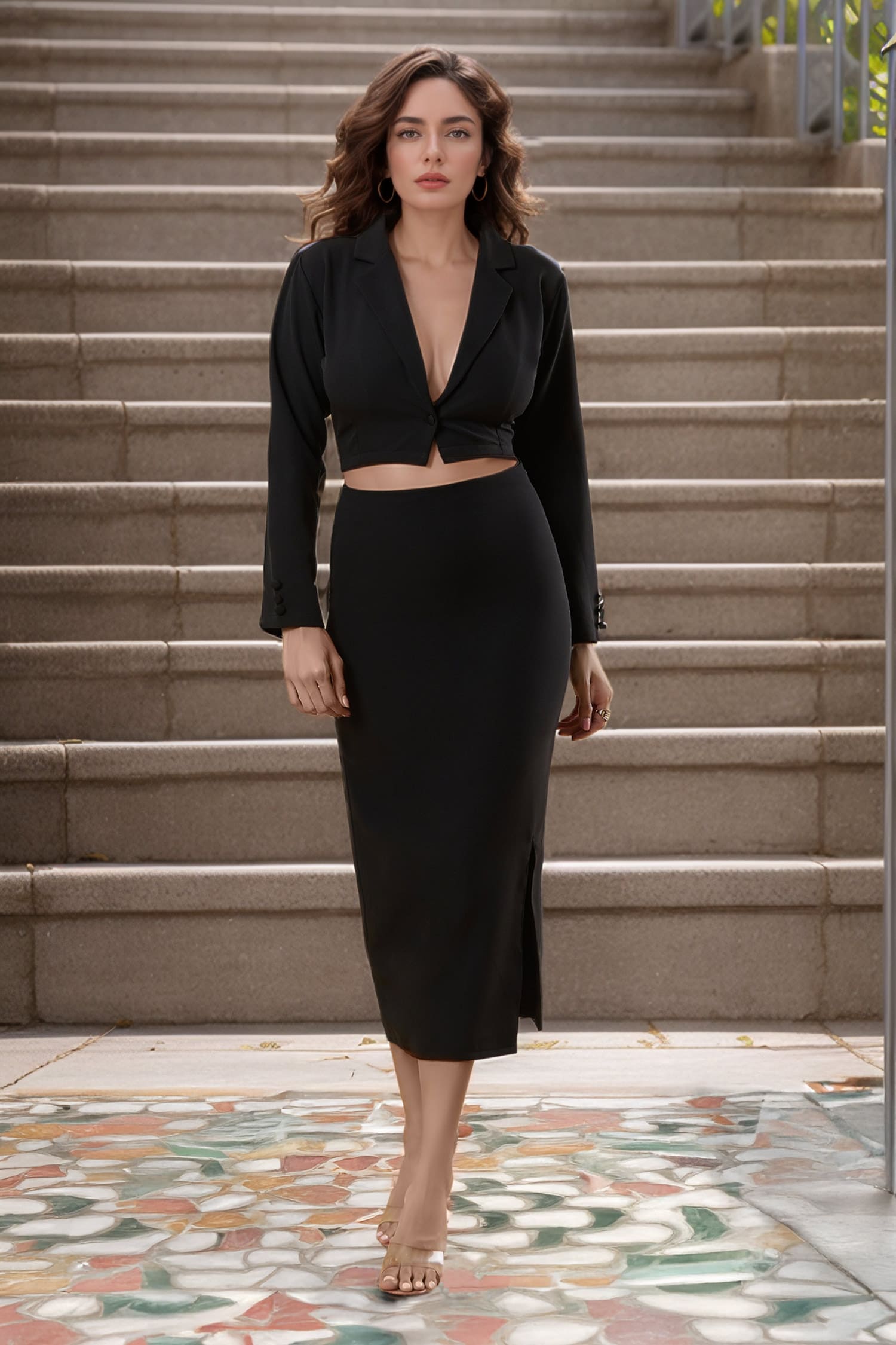 Crop Blazer With Midi Slit Skirt 