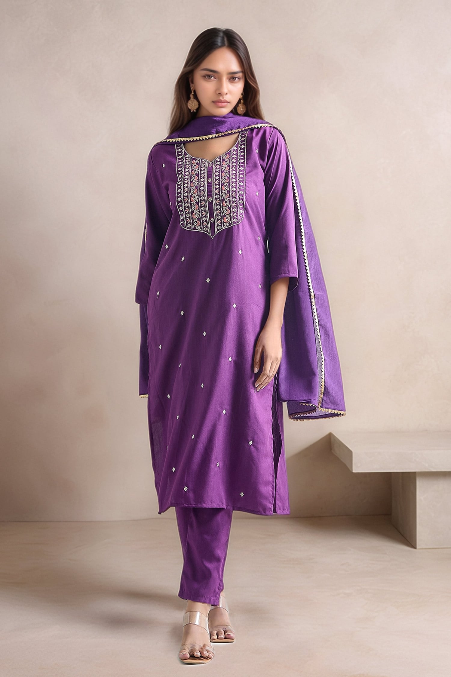 Floral Stripe Embroidered Kurta Set 