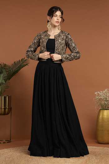 Buy Black Silk, Satin Sequins, Embroidery Open Paisley Bloom