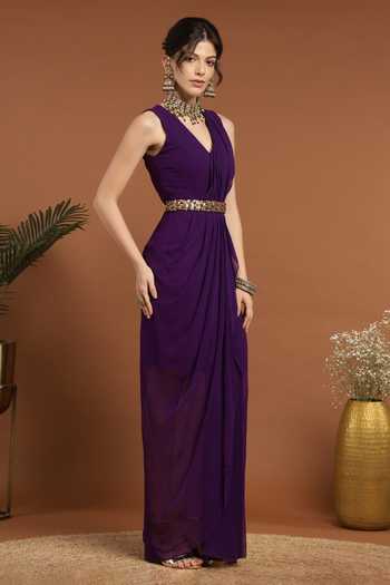 Rirasa Purple Georgette Embroidery V-neck Solid Draped Dress With Belt| Aza Fashions| Sangeet