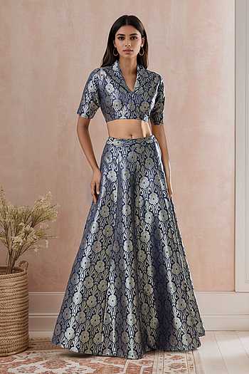 Floral Woven Kalidar Lehenga With Collared Blouse 