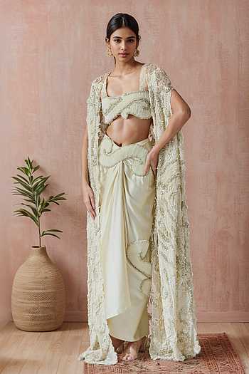 Buy White Silk Beads, Sequins, Embroidery, Zari Open Neck Zardozi