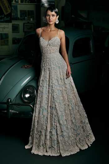 one enchanted evening prom dresses Peach Net Floral Embroidery Party Wear Gown main image 1