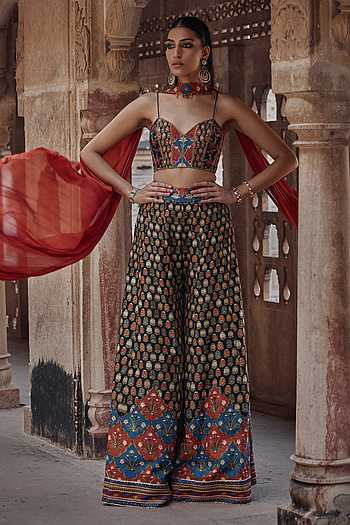 Saima Floral Print Tie Up Corset & Sharara Set