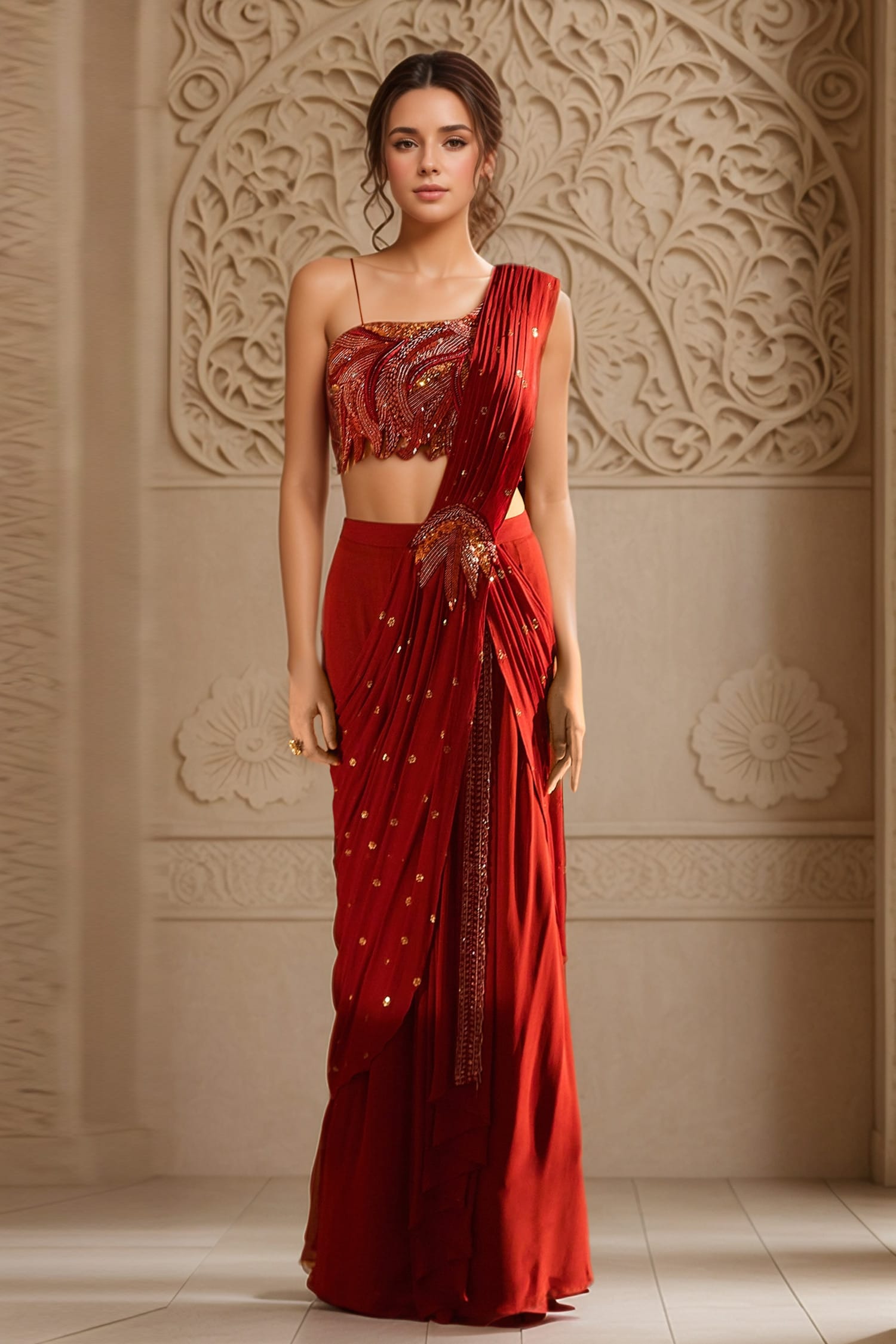 Scattered Sequin Embroidered Pre-Draped Saree With Blouse 