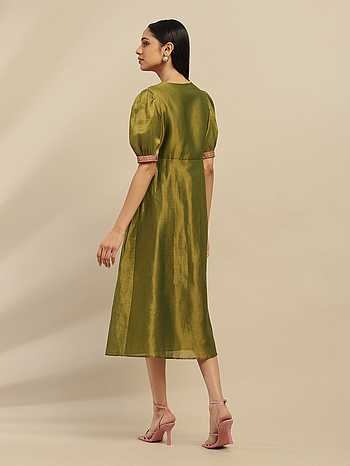 ritu kumar green dress Olive Green Silk Printed Semi-Fitted Vacation Dress by Ritu Kumar at Pernia's Pop Up Shop 2026