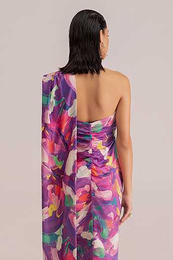 strapless open back dress One Shoulder Floral Printed Ruflles Dress