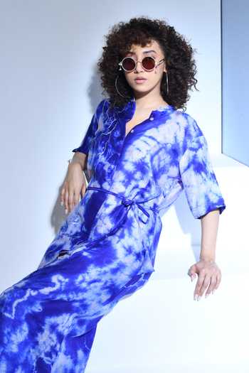 Buy Blue Handloom Cotton Mandarin Collar Tie Dye Midi Shirt Dress For Women  by Inkpikle Online at Aza Fashions in CA