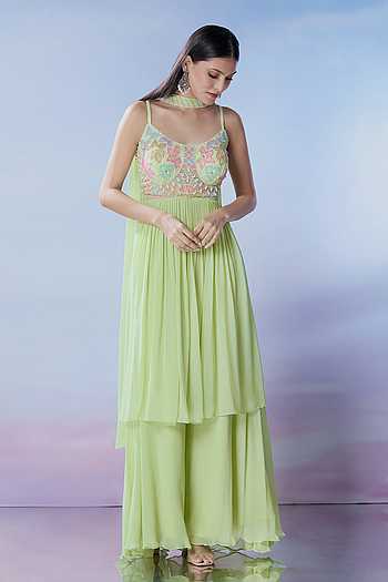 Embroidered Green Anarkali Sharara Set 