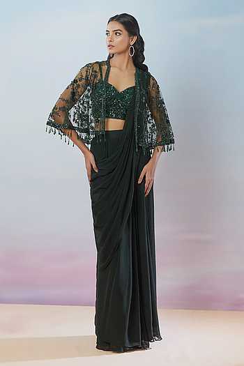 Floral Sequin Embroidered Pre-Draped Saree Set 