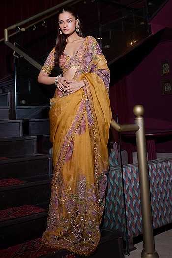 Fiore Print Embellished Pre-Draped Saree Set