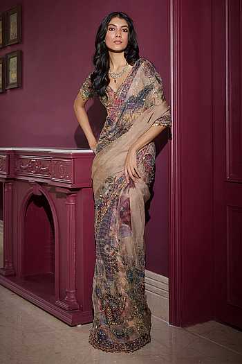Beige Mirror & Sequin Embroidered Saree Set