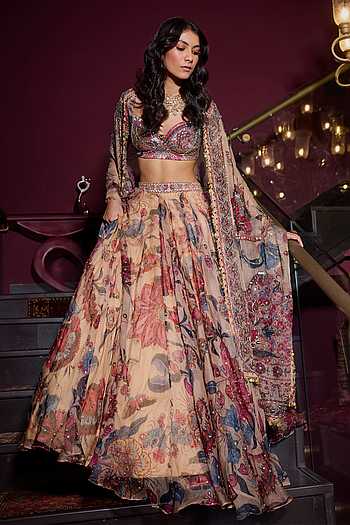 Floral Embroidered Beige Lehenga Set